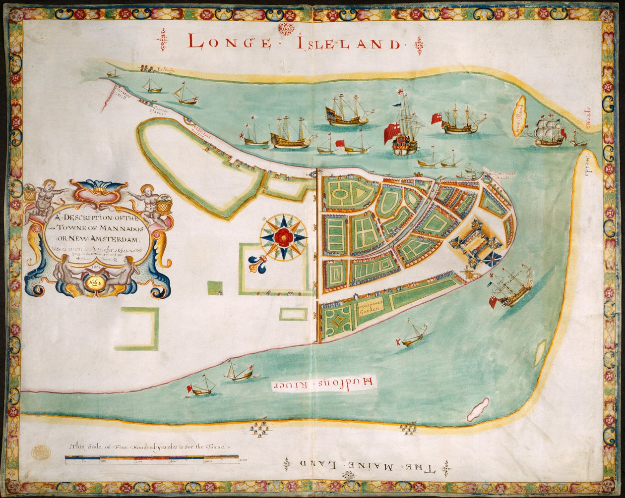 New York: Plan von Manhattan, Long Island, dem Hudson River und Neu-Amsterdam von American School