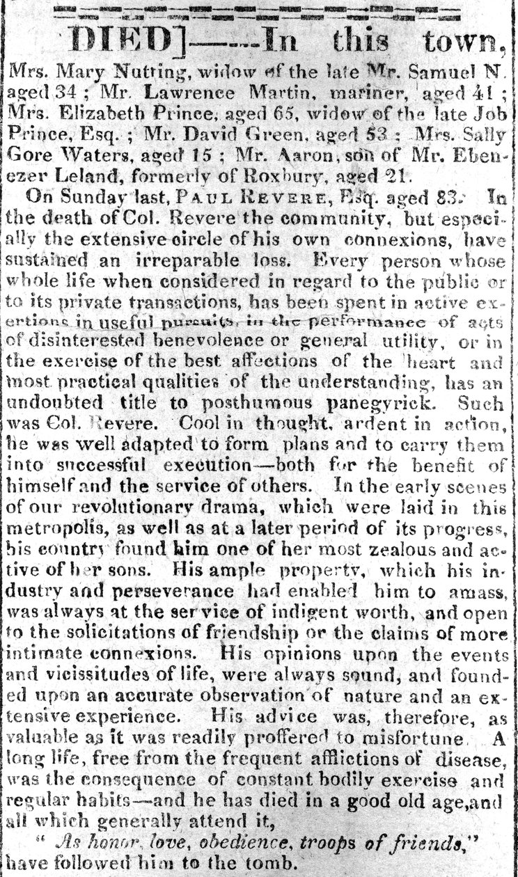 Nachrufseite aus dem Boston Intelligencer, 16. Mai 1818 von American School