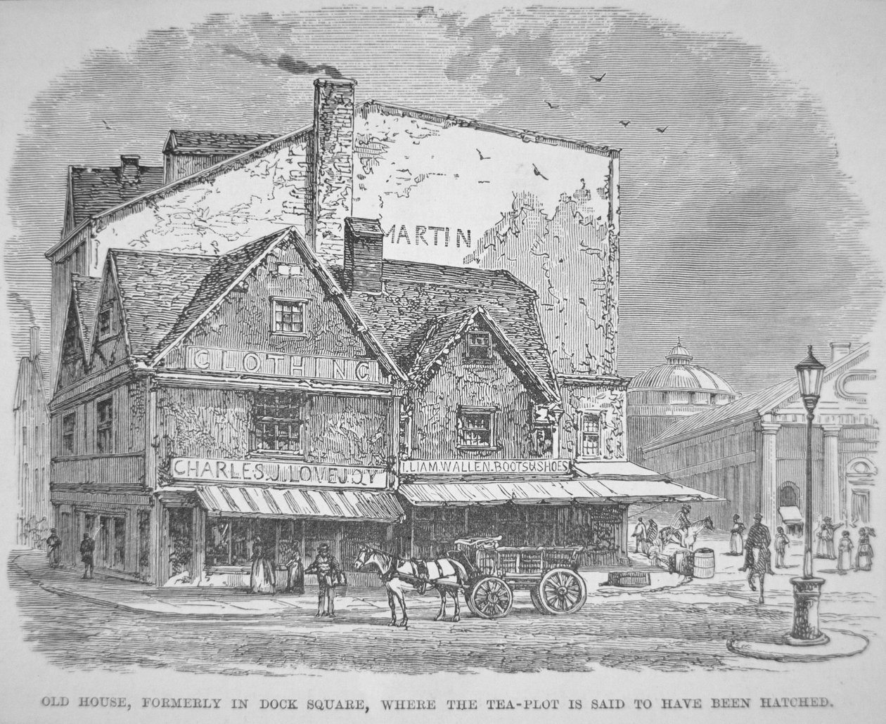 Altes Haus, ehemals am Dock Square, wo der Teeverrat angeblich ausgeheckt wurde von American School