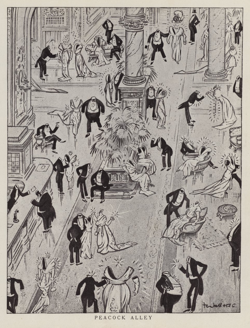 Pfauenallee, Karikatur, die den protzigen Modestil der Zeit verspottet von American School