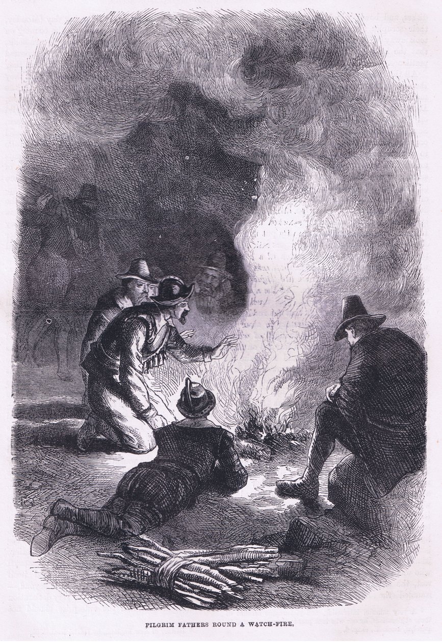 Pilgerväter um ein Wachfeuer, Illustration aus Cassell