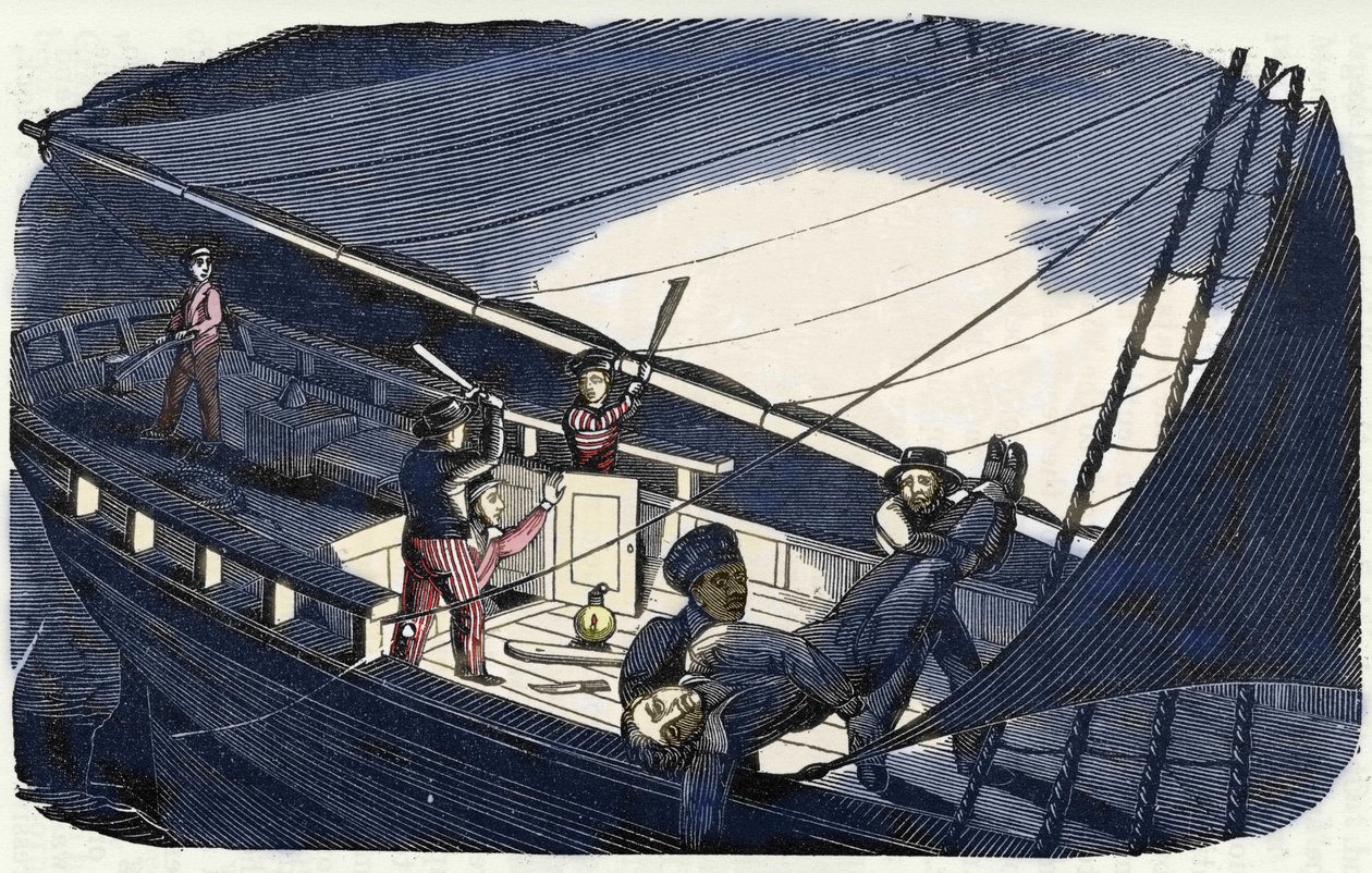 Piraten Charles Gibbs (frühes 19. Jahrhundert) tötet Kapitän Thornby und wirft ihn ins Meer. Gravur aus „Das Piratenbuch“ 1837. von American School