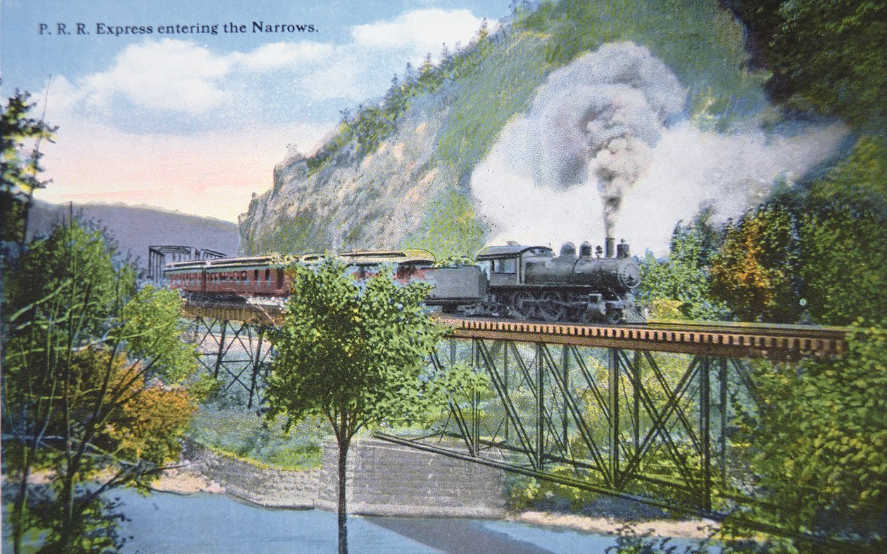 Postkarte eines Pennsylvania Railroad Express, der in die Narrows bei Cumberland, Maryland einfährt, ca. 1910 von American School