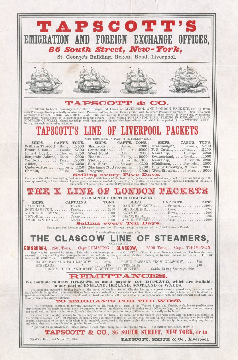 Plakat, das Tapscotts Emigration and Foreign Exchange Offices, New York, Januar 1859 bewirbt von American School