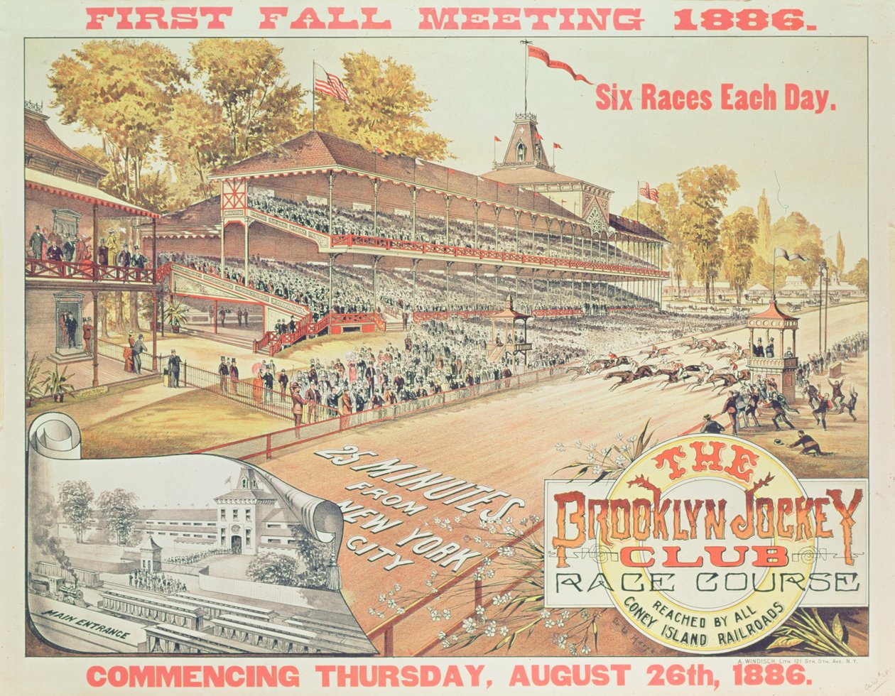 Plakat, das die Brooklyn Jockey Club Rennbahn bewirbt, 1886 von American School