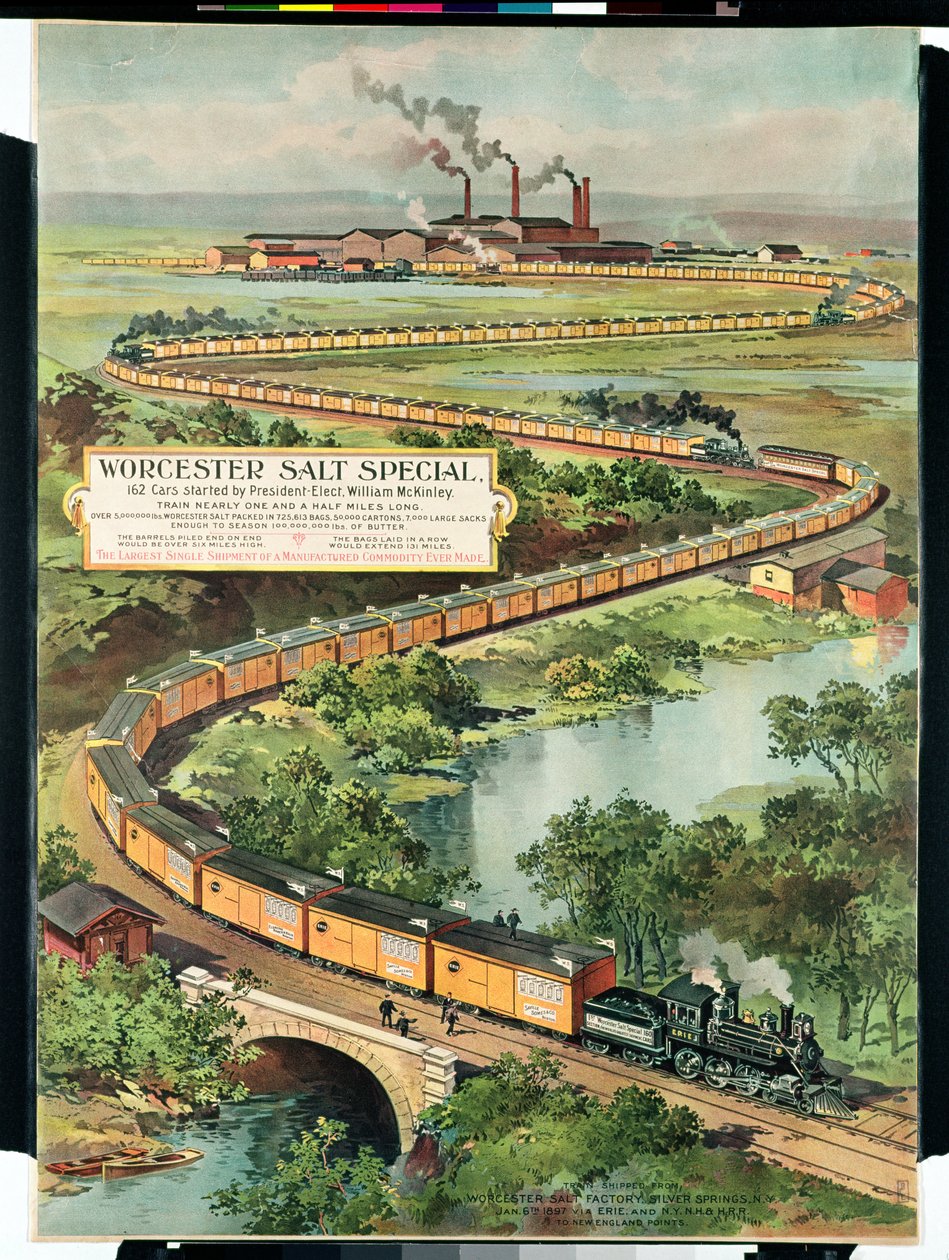 Plakat, das die Worcester Salt Special bewirbt, 162 Autos gestartet von Präsident-Elekt McKinley, 1897 von American School