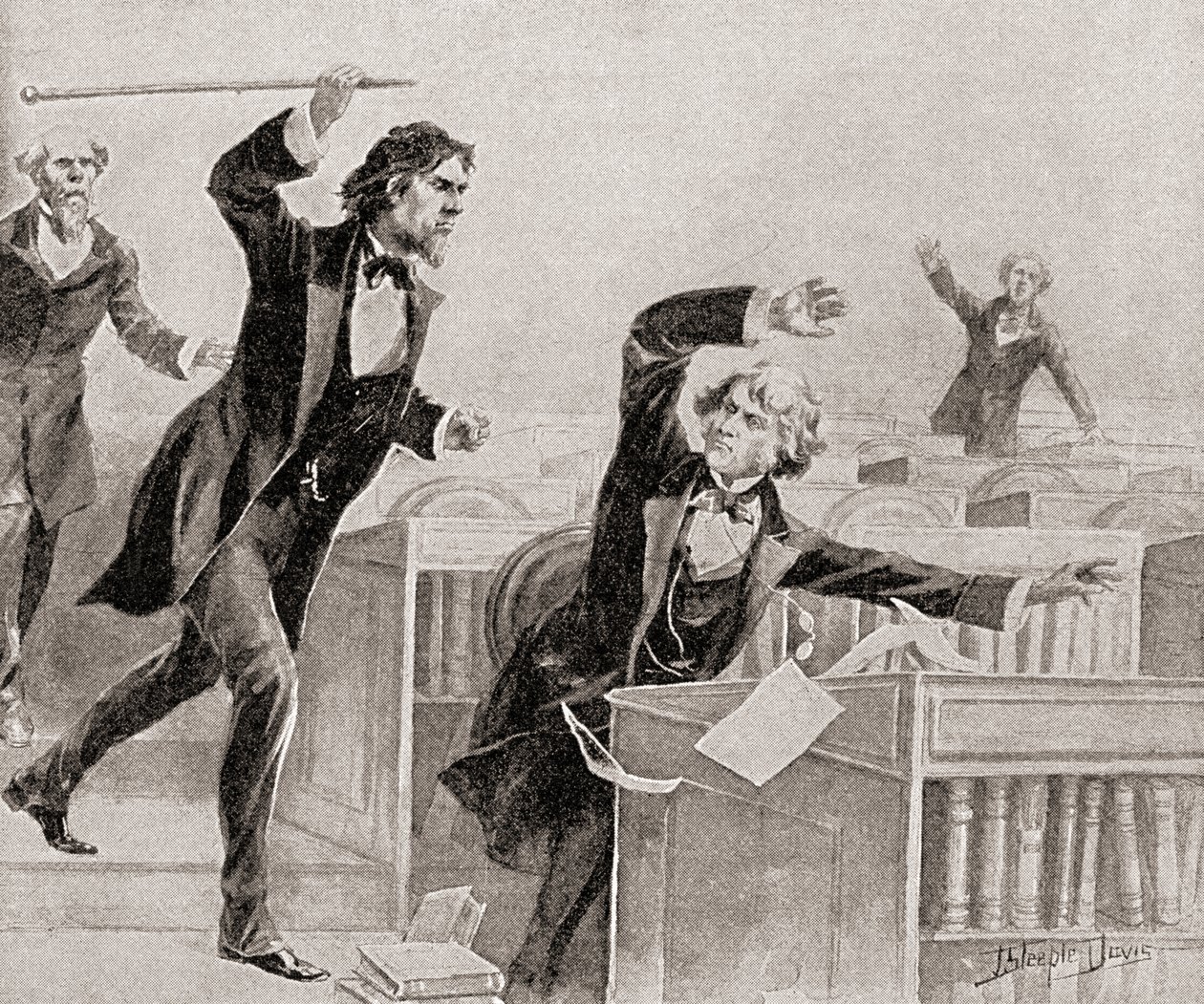 Preston Smith Brooks, ein glühender Verfechter der Sklaverei, greift Senator Charles Sumner, einen Abolitionisten, mit einem Stock auf dem Boden des US-Senats am 22. Mai an von American School