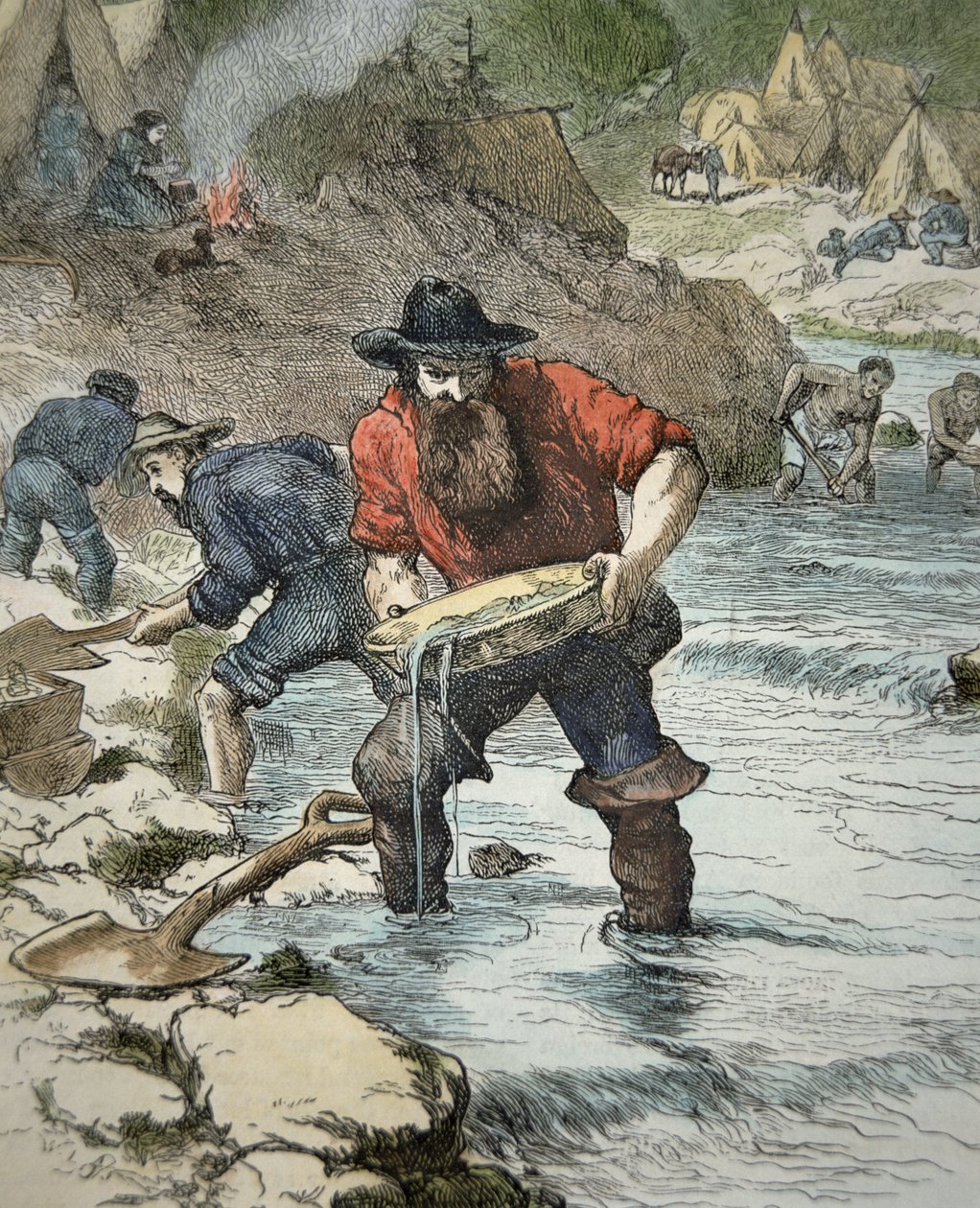 Goldsucher beim Goldwaschen während des kalifornischen Goldrauschs von 1849 von American School