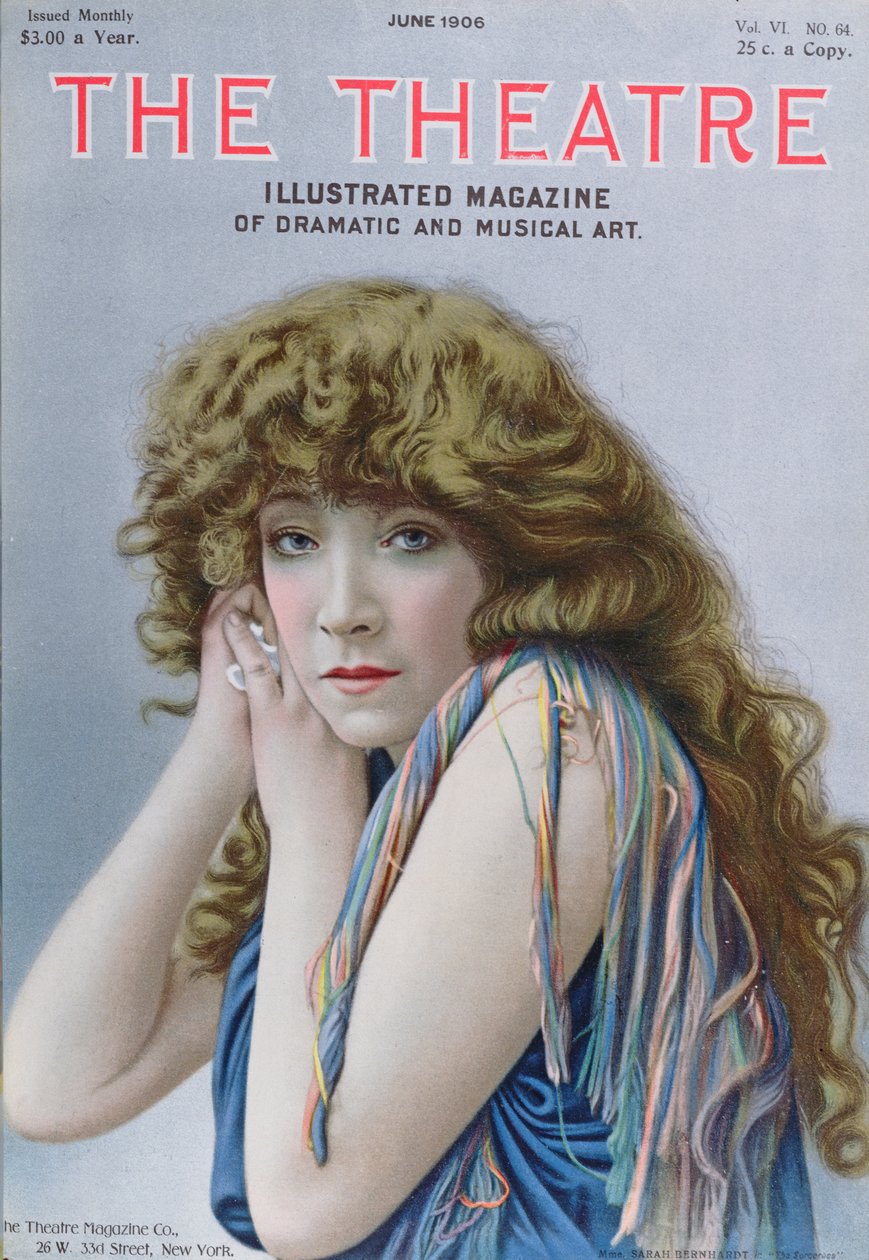 Sarah Bernhardt in der Rolle der Zauberin, ein Stück von Sardou, Titelillustration der Zeitschrift Theatre, Juni 1906 von American School