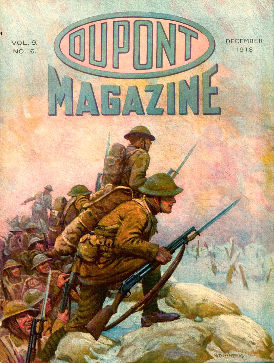 Soldaten in den Schützengräben, Titelseite des DuPont Magazins, Dezember 1918 von American School