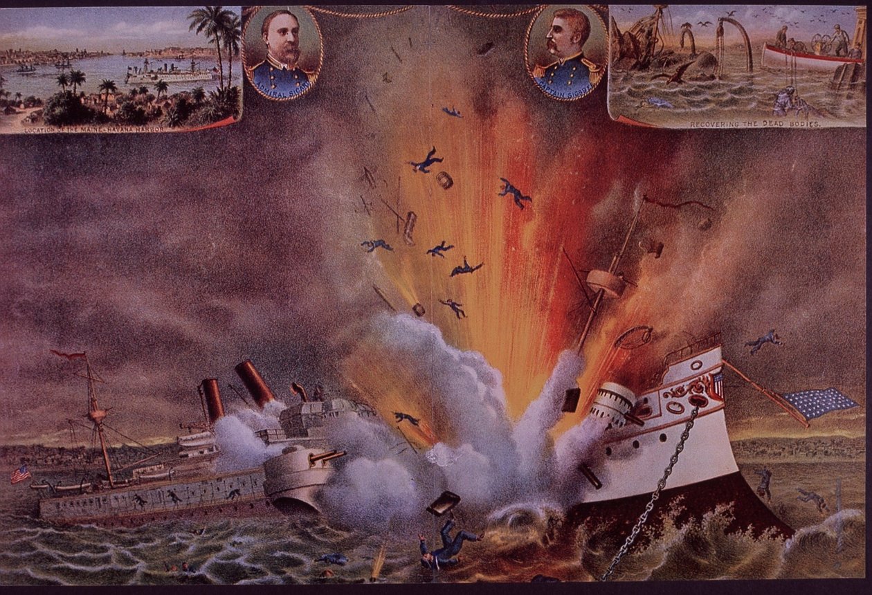 Spanisch-Amerikanischer Krieg 1898, USS Maine im Hafen von Havanna gesprengt von American School