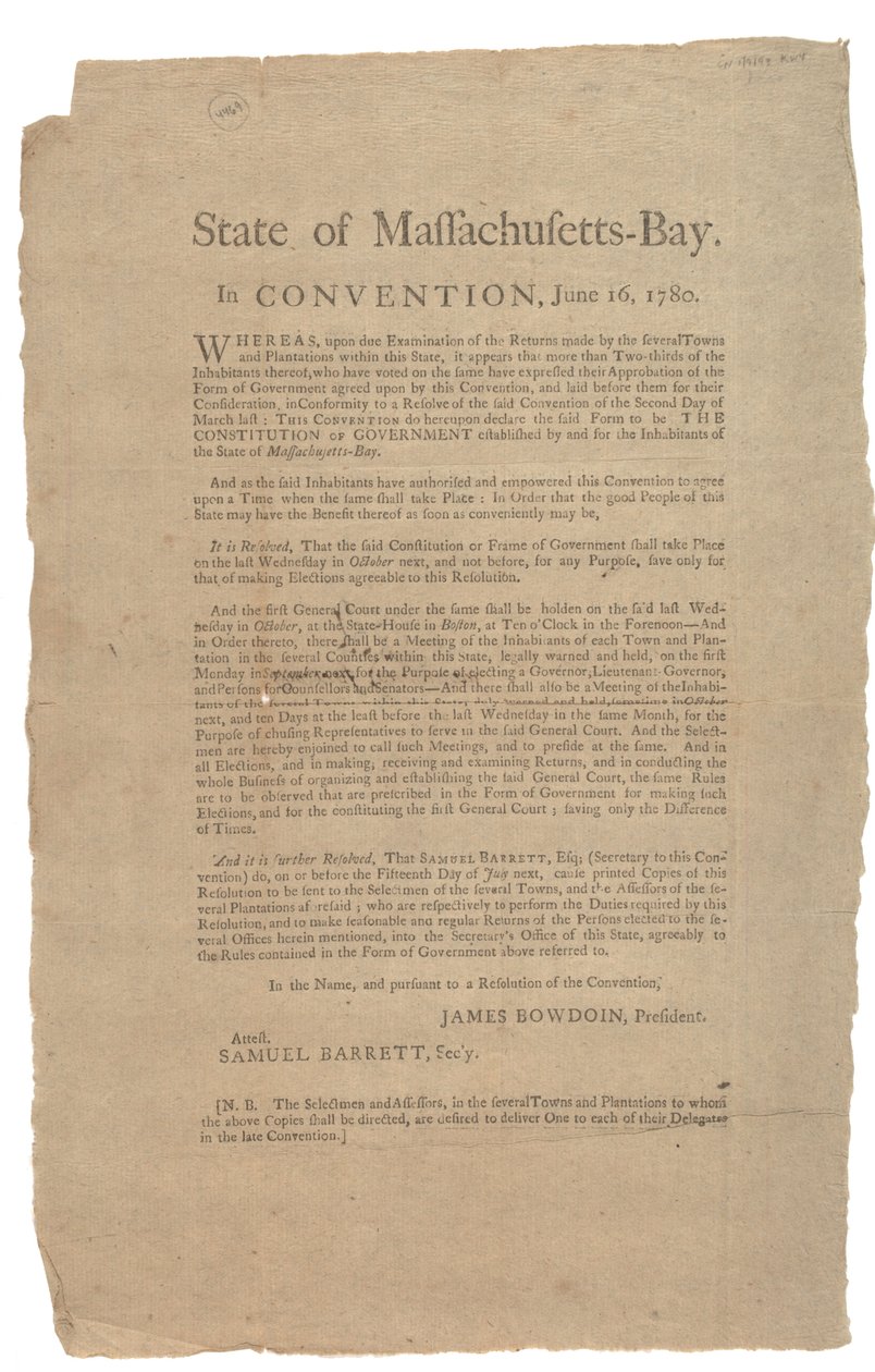Staat Massachusetts in der Konvention, Staatsverfassung, 16. Juni 1780 von American School