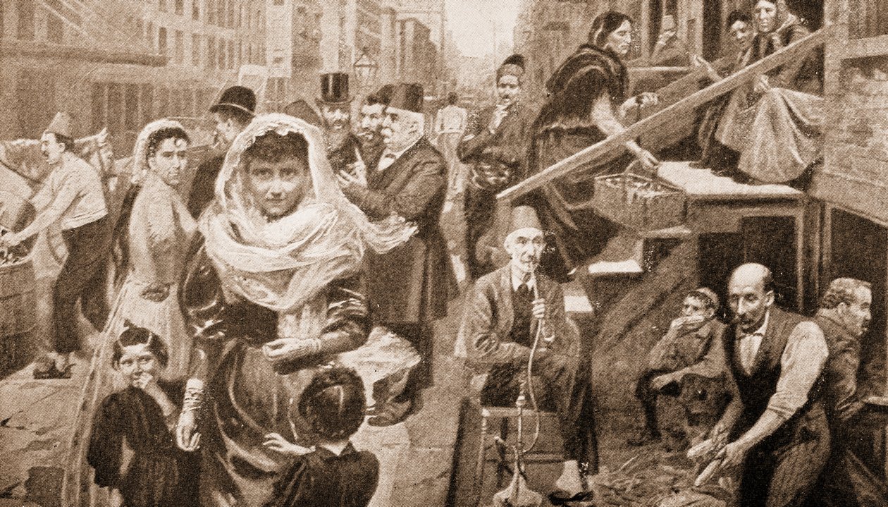 Syrische Gemeinschaft in der Lower Washington Street, New York (Gravur) von American School