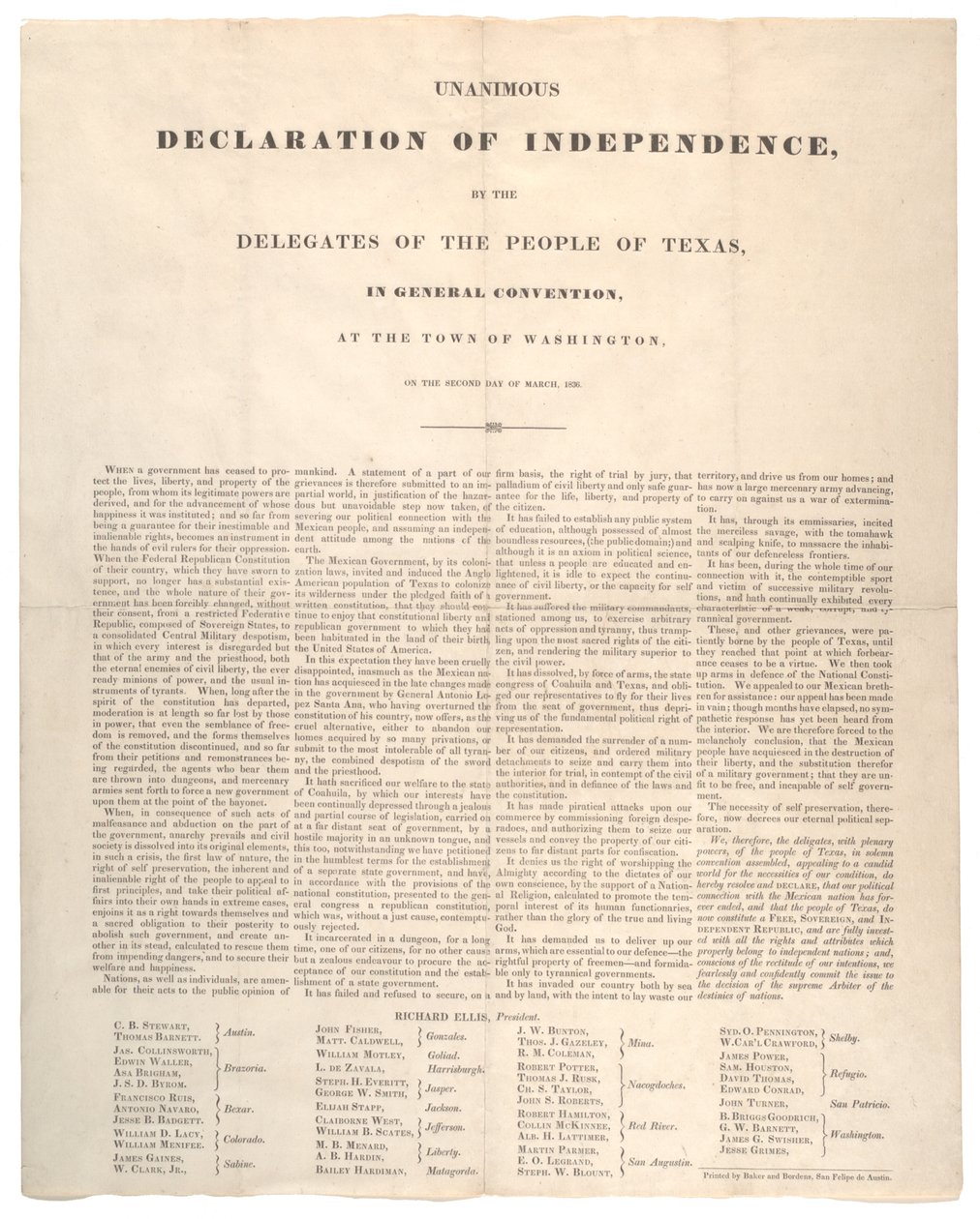 Texanische Unabhängigkeitserklärung: Einstimmige Unabhängigkeitserklärung, gedruckt von Baker und Bordens, 2. März 1836 von American School