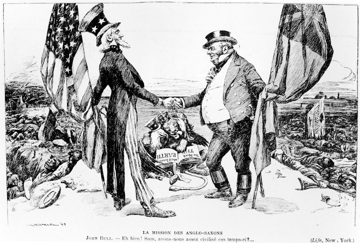 Die Mission der Angelsachsen, Illustration aus Le Rire, 1899 von American School