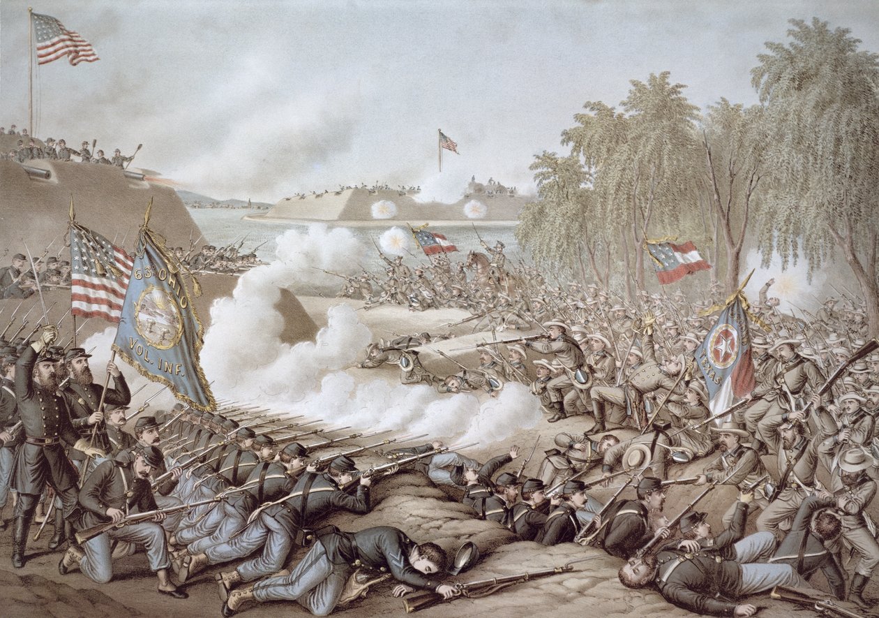 Die Schlacht von Corinth, 3.-4. Oktober 1862, zeigt die Flaggen von Nord und Süd, von Kurz & Allison von American School