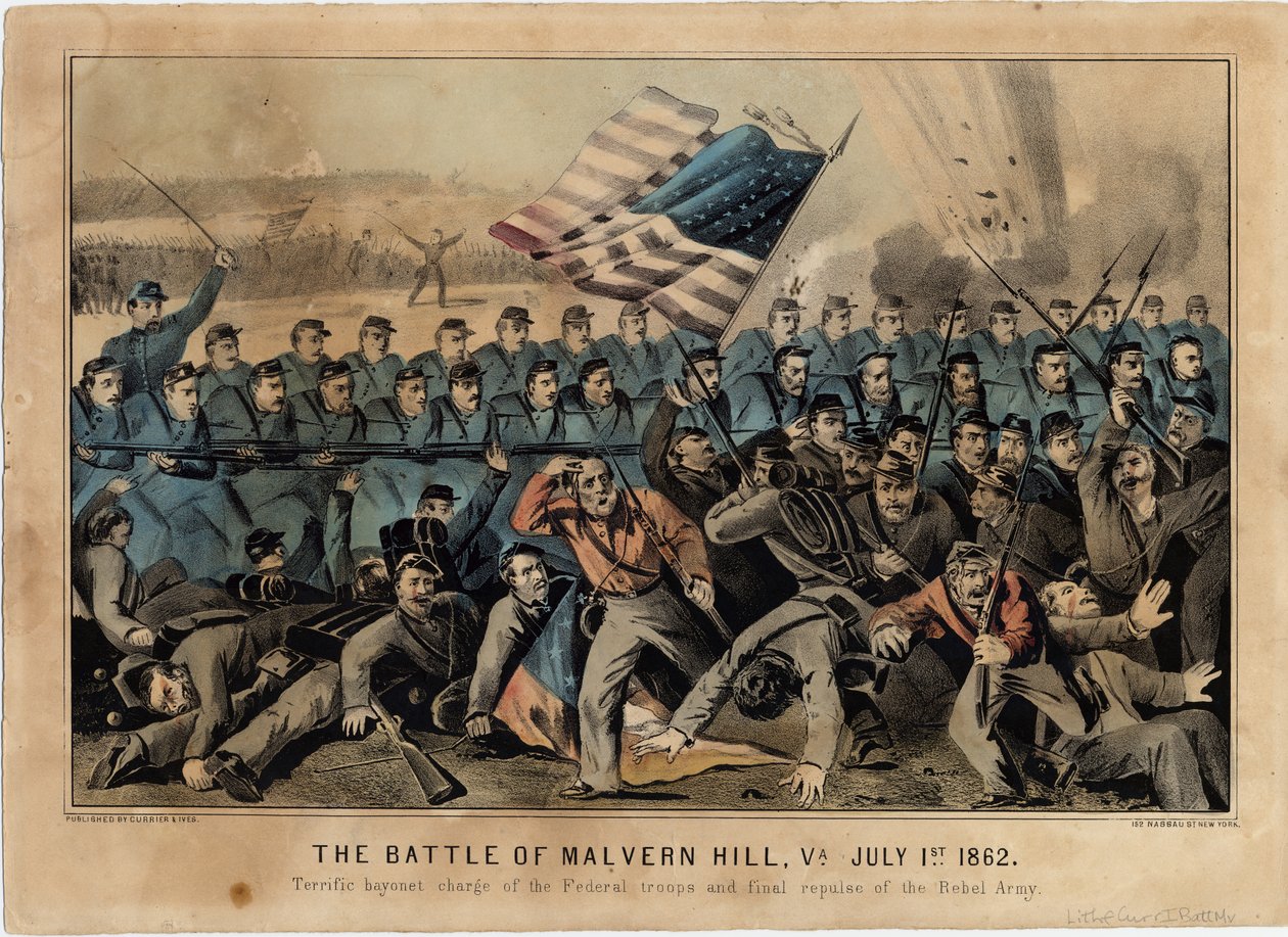 Die Schlacht von Malvern Hill, Va., 1. Juli 1862, veröffentlicht von Currier & Ives, ca. 1862 von American School