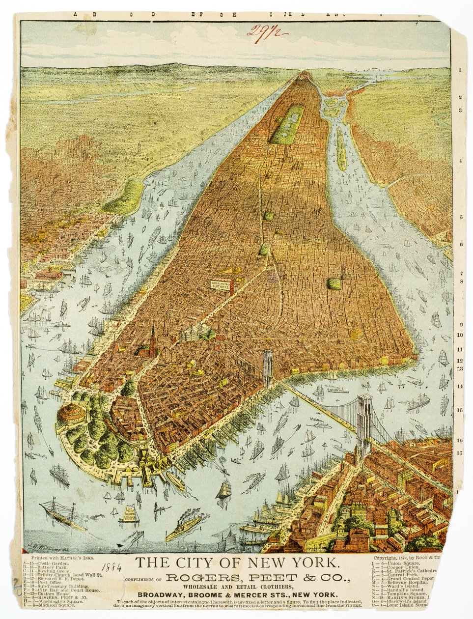 Die Stadt New York, Komplimente von Rogers, Peet & Co., Groß- und Einzelhändler, Broadway, Broome & Mercer Sts., NY. von American School