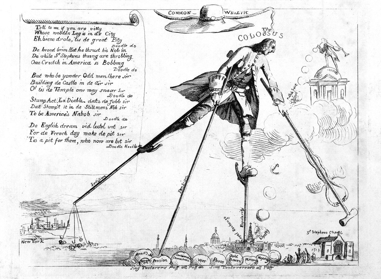 Der Koloss, Karikatur zur Aufhebung des Stempelgesetzes, ca. 1765 von American School