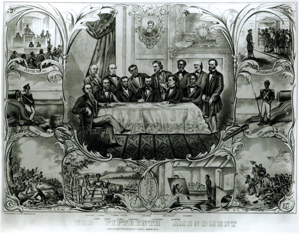 Der Fünfzehnte Verfassungszusatz, unterzeichnet von Präsident Ulysses S. Grant (1822-85) im März 1870 von American School
