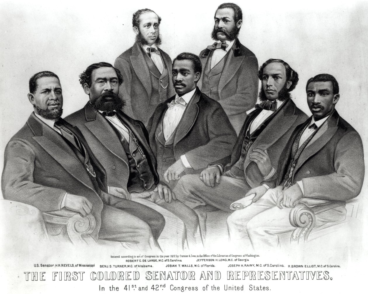 Der erste farbige Senator und Vertreter im 41. und 42. Kongress der Vereinigten Staaten, veröffentlicht von Currier und Ives, 1872 von American School