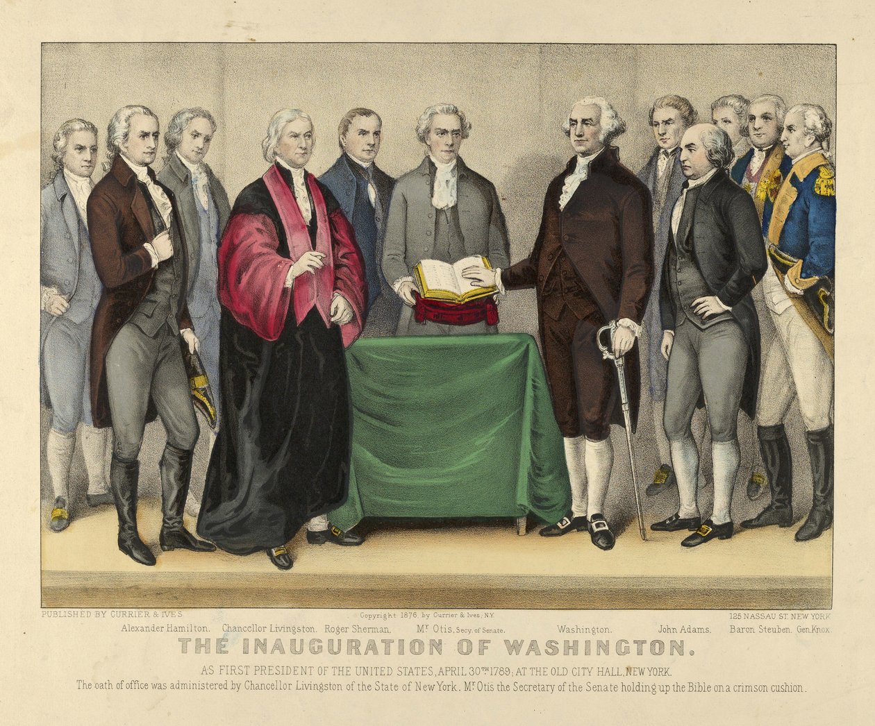 Die Amtseinführung von Washington als erster Präsident der Vereinigten Staaten, 30. April 1789, im Alten Rathaus, New York, veröffentlicht 1876 (Farblithografie) von American School