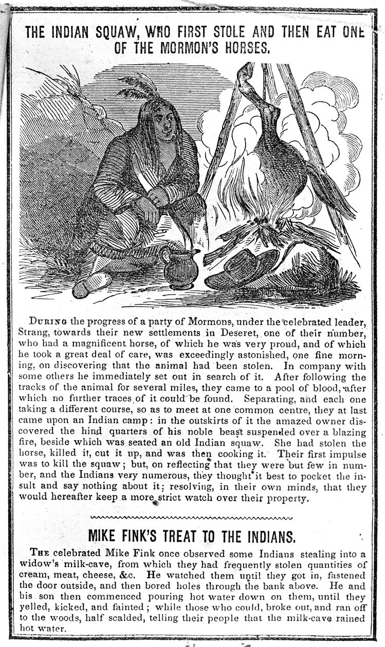 Die Indianerin, die zuerst ein Pferd der Mormonen stahl und dann aß, aus Crocketts Almanac, 1852 von American School