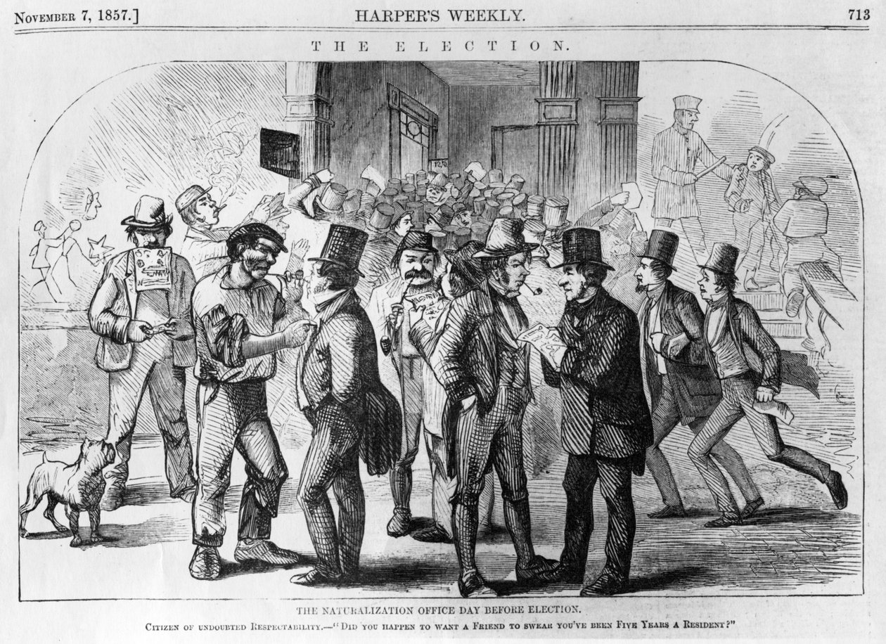 Das Einbürgerungsbüro am Tag vor der Wahl, veröffentlicht in Harpers Weekly, 7. November 1857 von American School