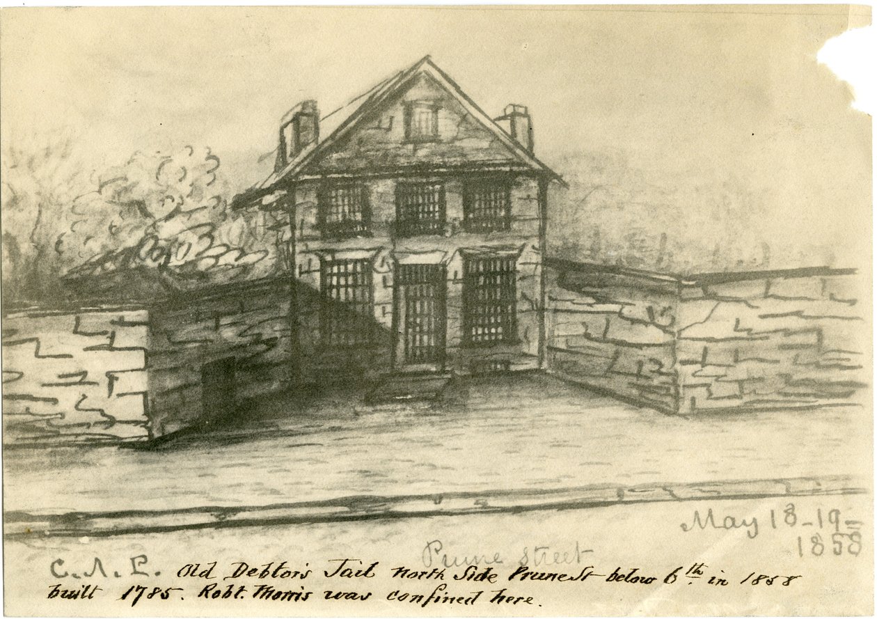Das alte Schuldnergefängnis, Seite der Prune St. unterhalb der 6., Illustration aus dem Castner Scrapbook, 1858 (Foto-Litho) von American School