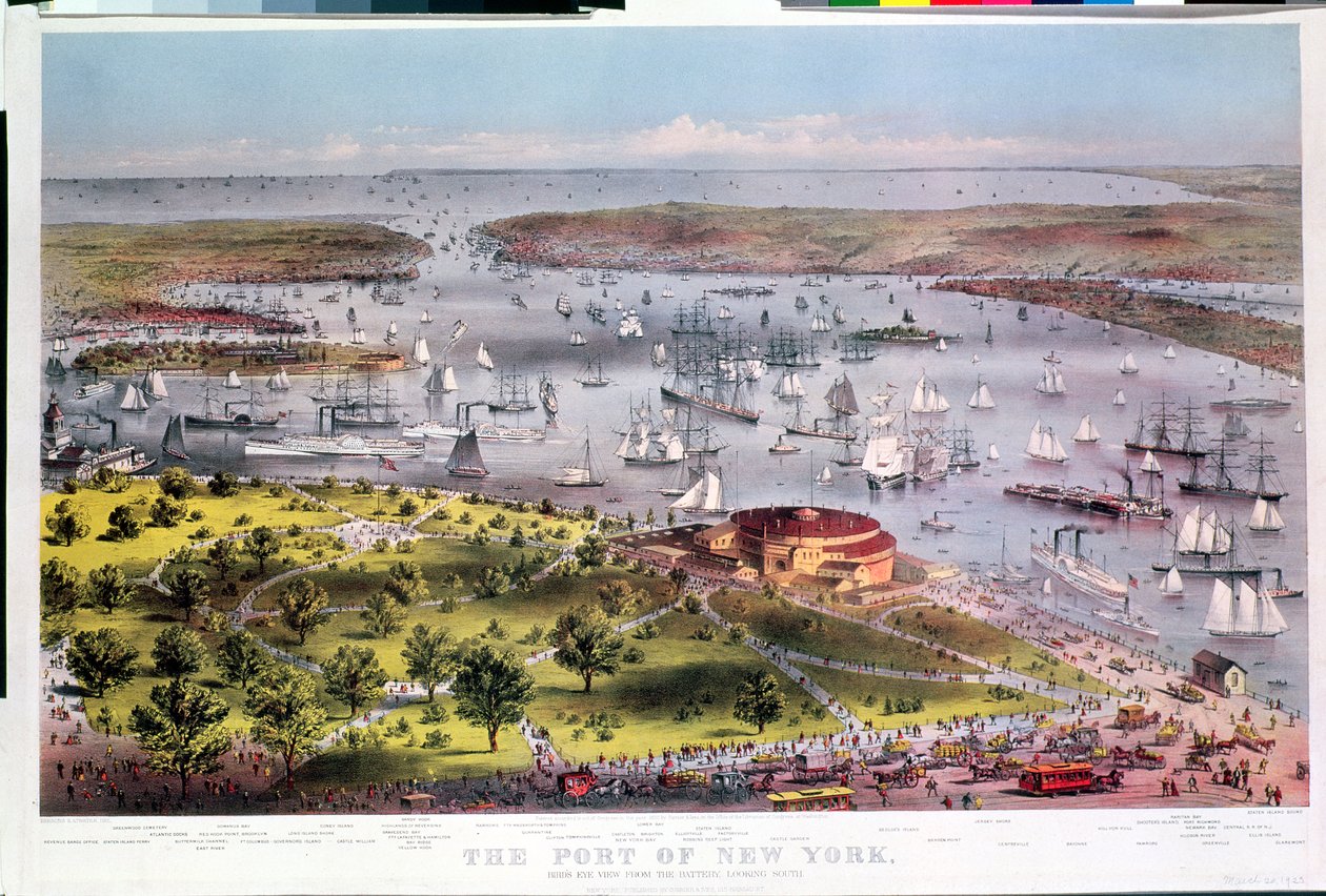Der Hafen von New York, Vogelperspektive von der Battery nach Süden, graviert von Parsons & Atwater, veröffentlicht von Currier & Ives, 1872 von American School