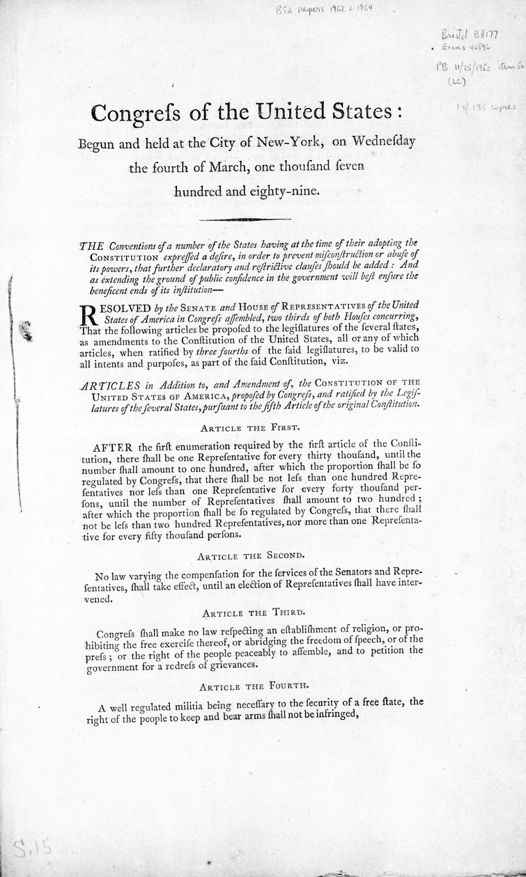 Die Bill of Rights der Vereinigten Staaten, abgeschlossen 1789 von American School