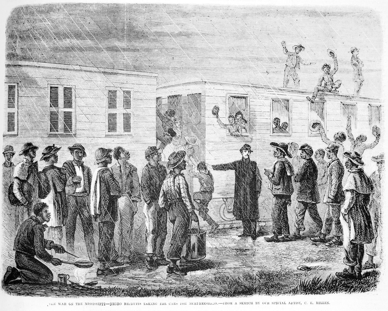 Der Krieg am Mississippi: Schwarze Rekruten besteigen den Zug nach Murfreesboro, aus Frank Leslies Illustrated Newspaper, Mai 1864 von American School