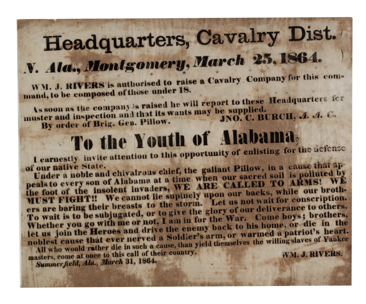 An die Jugend von Alabama: Wir rufen zu den Waffen! (Rekrutierungsplakat), 25. März 1864 von American School