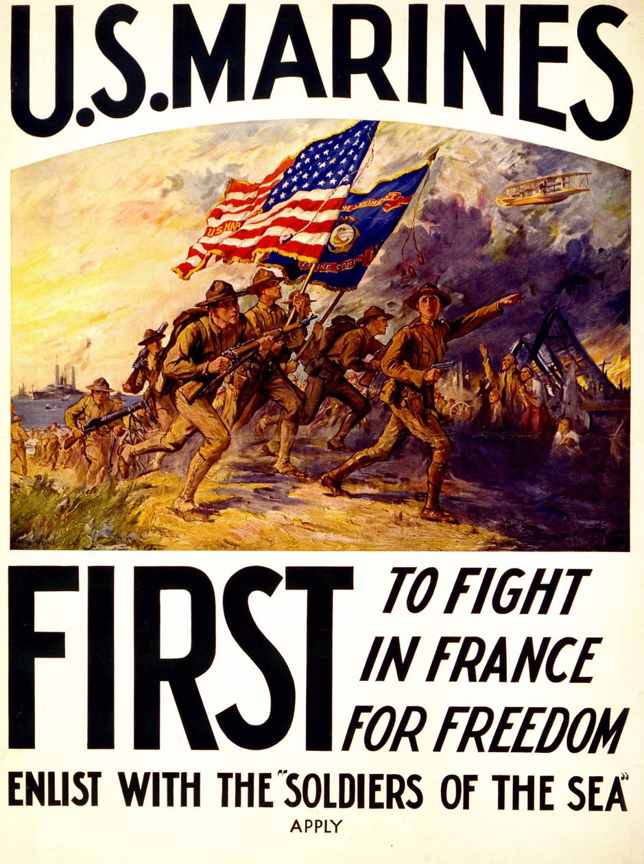 US Marines - Plakat über Soldaten, die für die Freiheit in Frankreich kämpfen (1914-1918) von American School