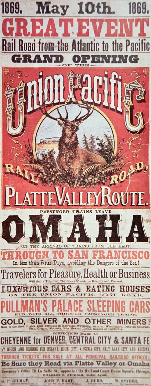 Union Pacific Railroad Poster, der die erste transkontinentale Eisenbahn durch die USA bewirbt von American School