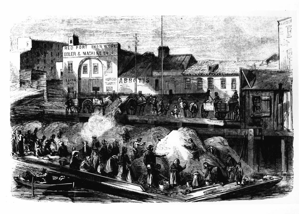 Vagabunden sammeln Lumpen zum Verkauf auf der Müllhalde Beach Street, New York, um 1870 von American School