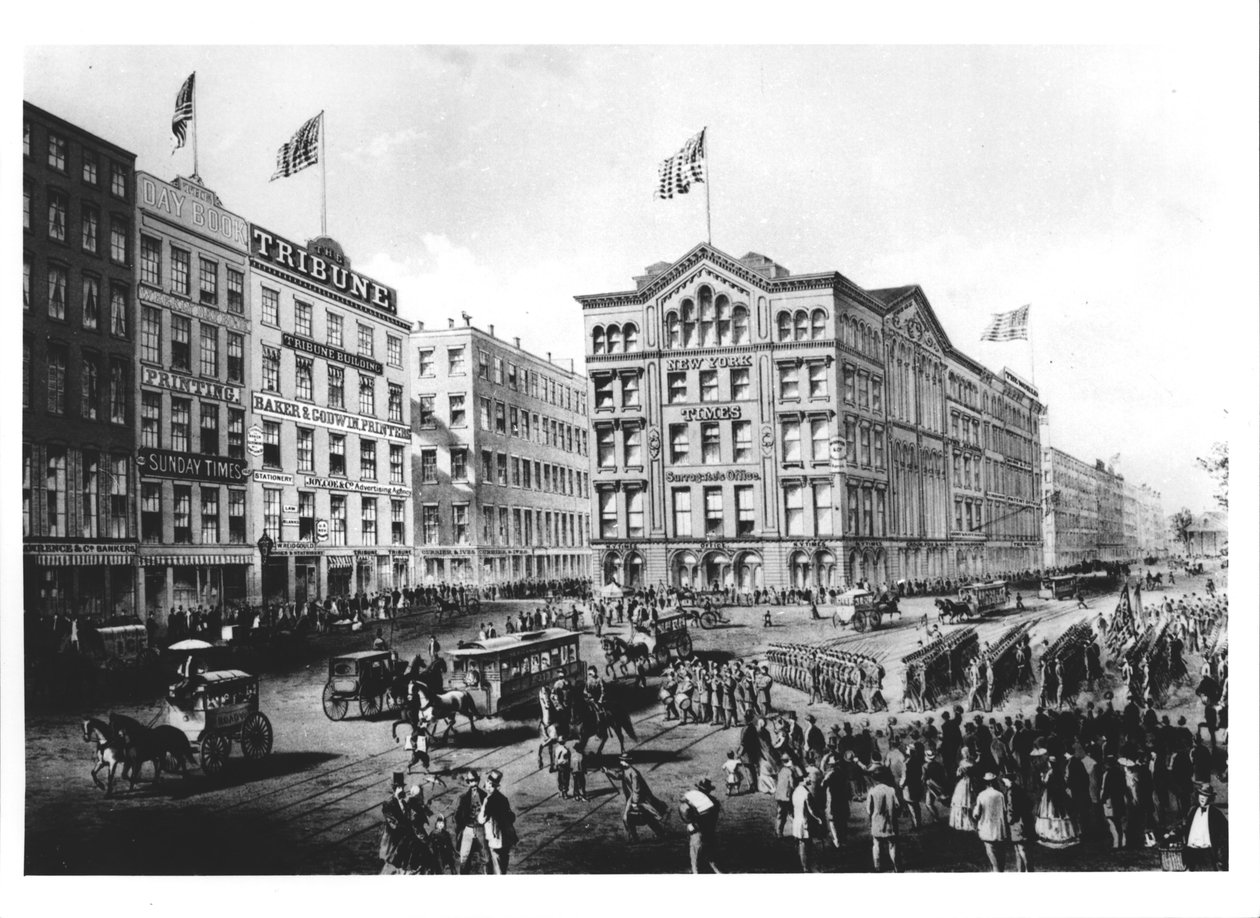 Blick auf den Printing Square in New York, mit den Hauptquartieren der New York Times, The Sunday Times und The Tribune von American School