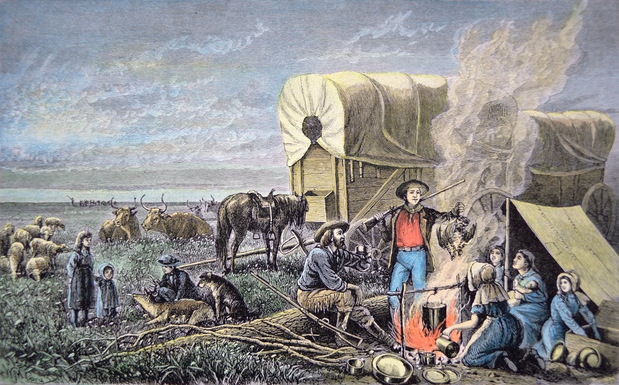 Wagen der Auswanderer nach Westen von American School