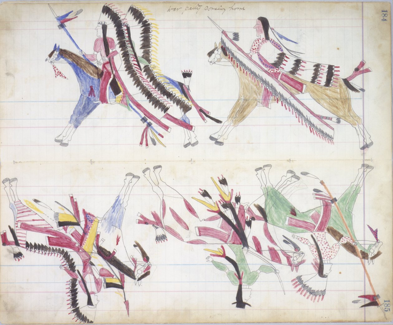 Kriegspartei kehrt nach Hause zurück, Illustration aus dem Black Horse Ledger, 1877-79 von American School
