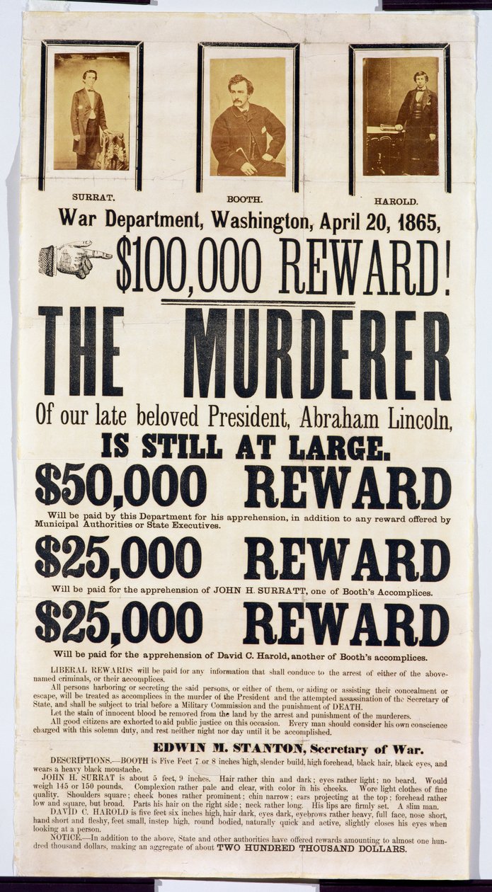 Washingtoner Kriegsministerium Plakat, das eine Belohnung von 100.000 $ für die Ergreifung des Mörders von Abraham Lincoln ankündigt, 20. April 1865 von American School