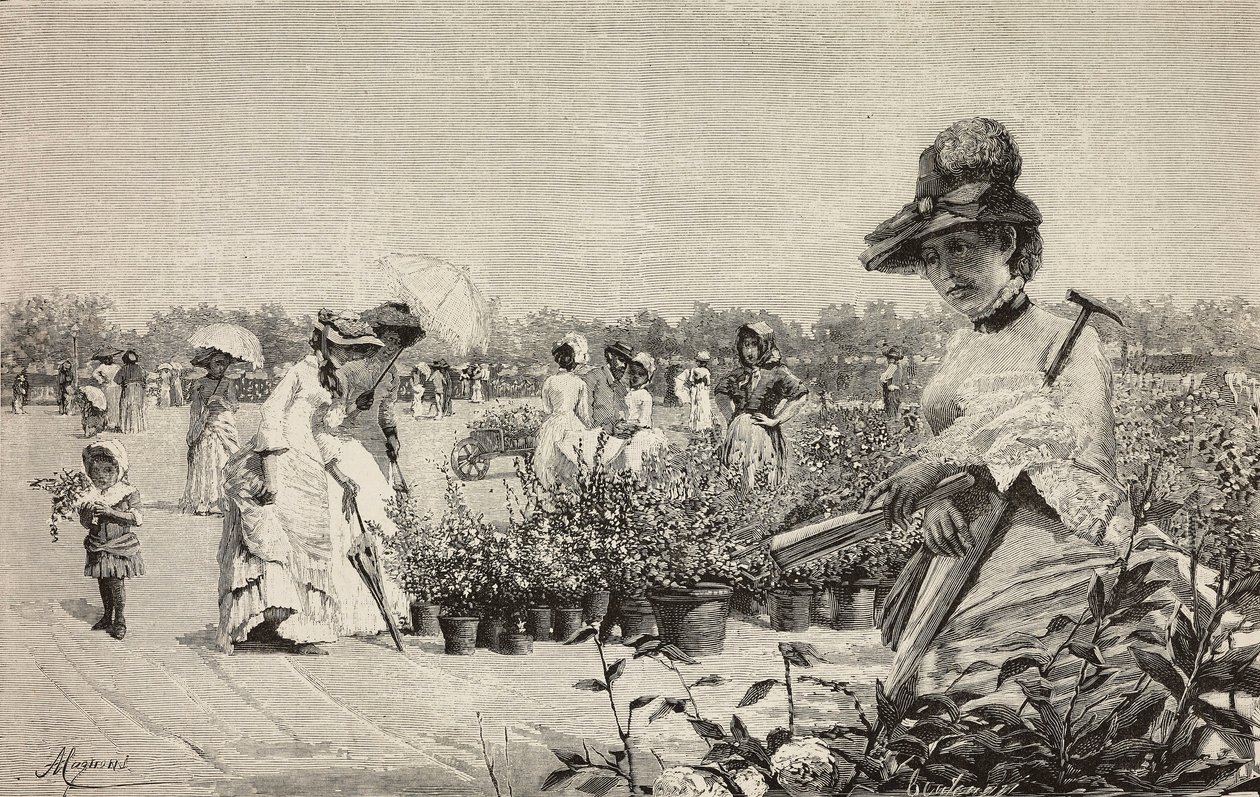 Frauen spazieren in Brera, Mailand, Italien, Gravur nach dem Gemälde Maggio (Mai) von Amerino Cagnoni