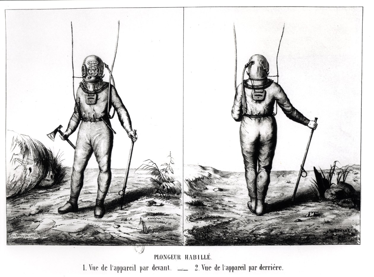 Tiefseetaucher, Illustration aus Scaphandre, Appareil de Plongeur Cabirol, von Joseph-Martin Cabirol, veröffentlicht Paris 1855 von Amicar de Lafage