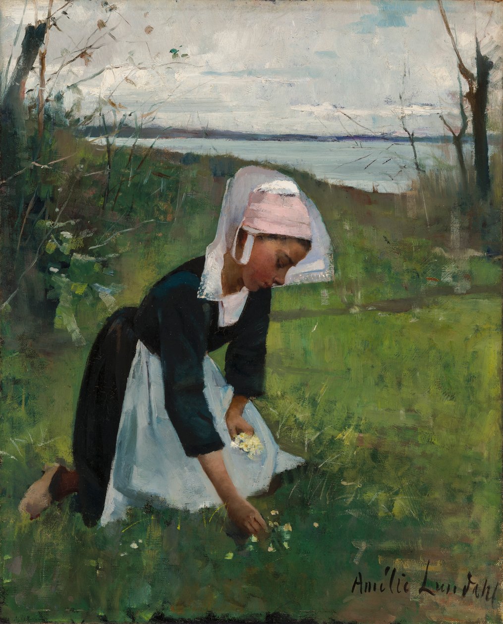 Bretonisches Mädchen beim Blumenpflücken von Amélie Lundahl