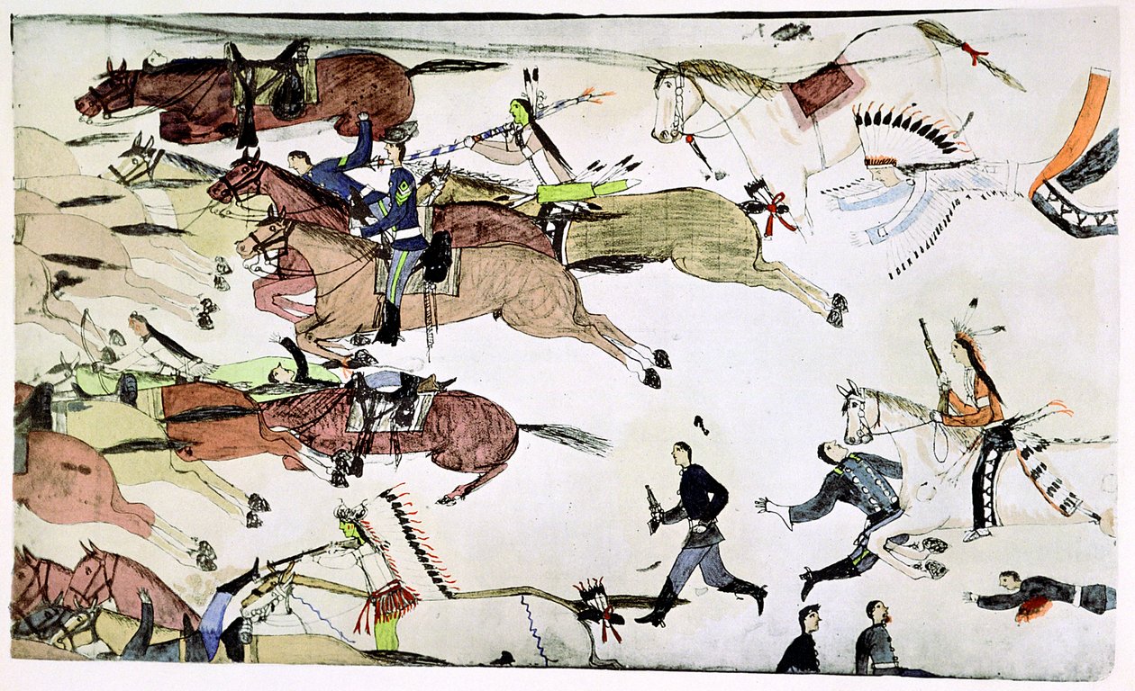 Schlacht am Little Big Horn, Montana, USA, 25.-26. Juni 1876, ca. 1900 von Amos Bad Heart Buffalo