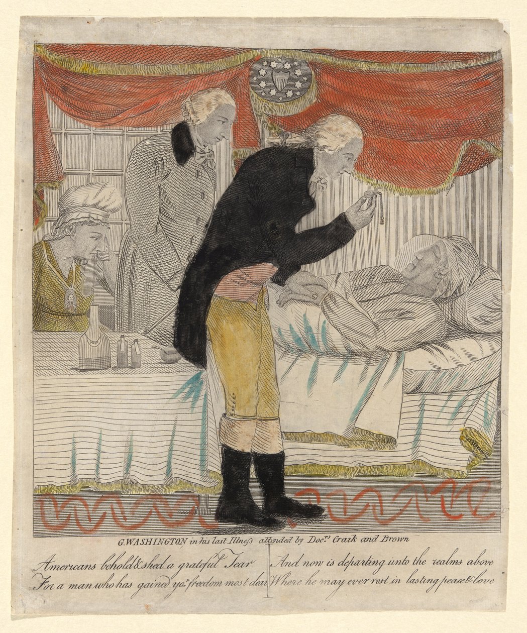 G. Washington in seiner letzten Krankheit, betreut von den Ärzten Craik und Brown von Amos Doolittle
