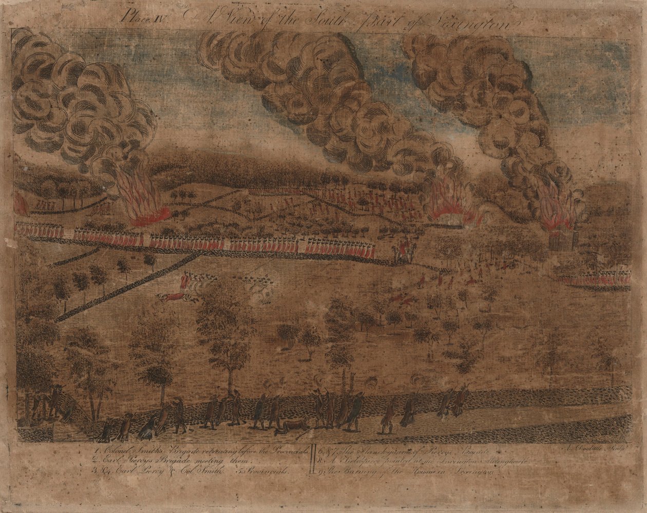 Die Schlachten von Lexington und Concord: Platte I, Die Schlacht von Lexington, 19. April 1775. Platte II, Eine Ansicht der Stadt Concord. Platte III: Das Gefecht an der Südbrücke in Concord. Platte IV: Eine Ansicht des südlichen Teils von Lexington. von Amos Doolittle