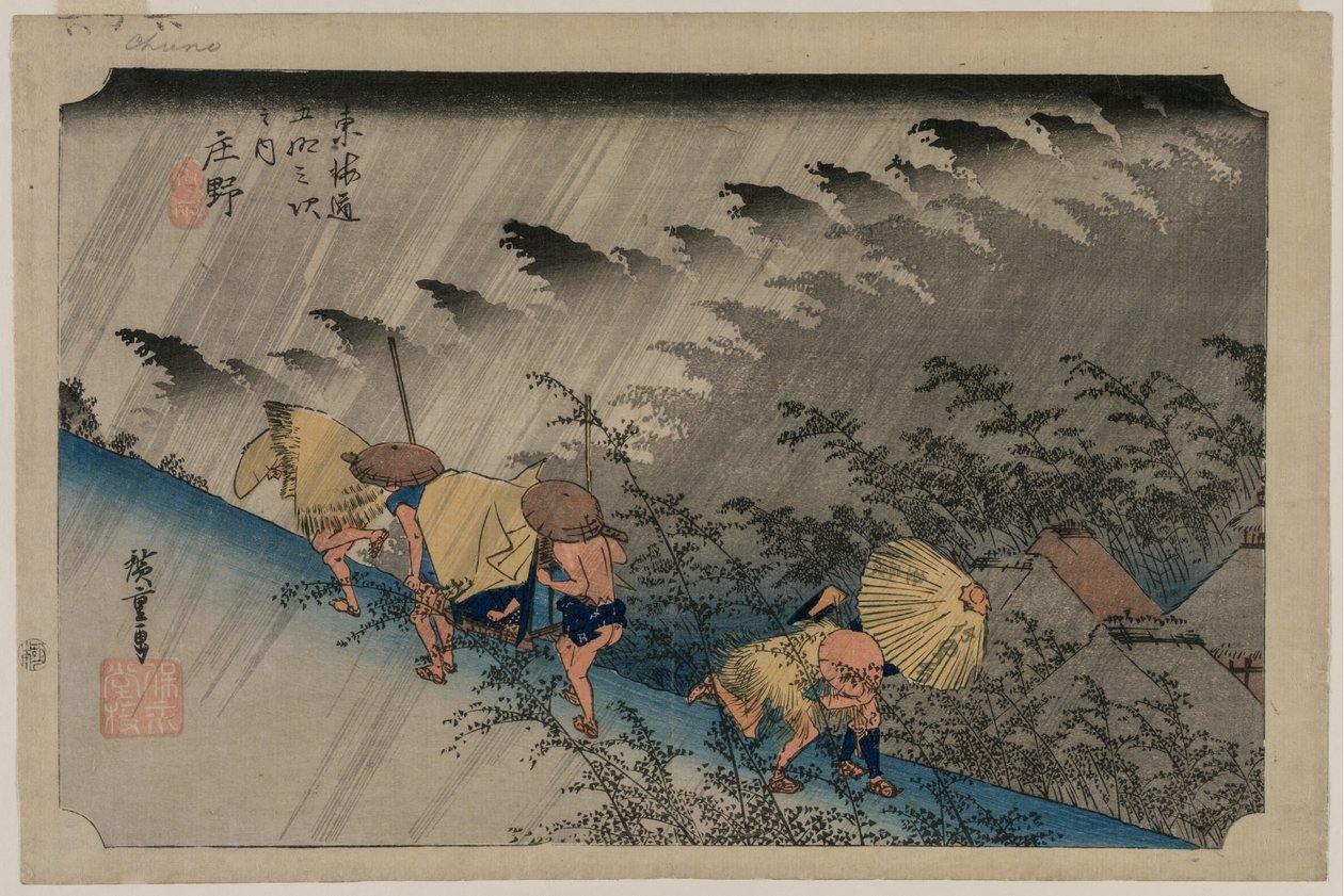 Regen bei der Shono-Station 46 aus der Serie Dreiundfünfzig Stationen des Tokaido, 1833 von Ando Hiroshige