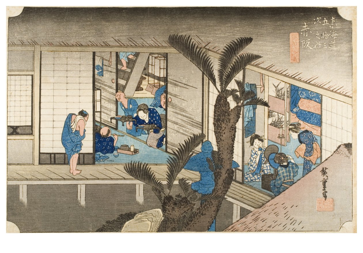 Akasaka: Gasthaus mit Bedienungen aus der Serie Die dreiundfünfzig Stationen des Tokaido, um 1831-1834 von Ando or Utagawa Hiroshige