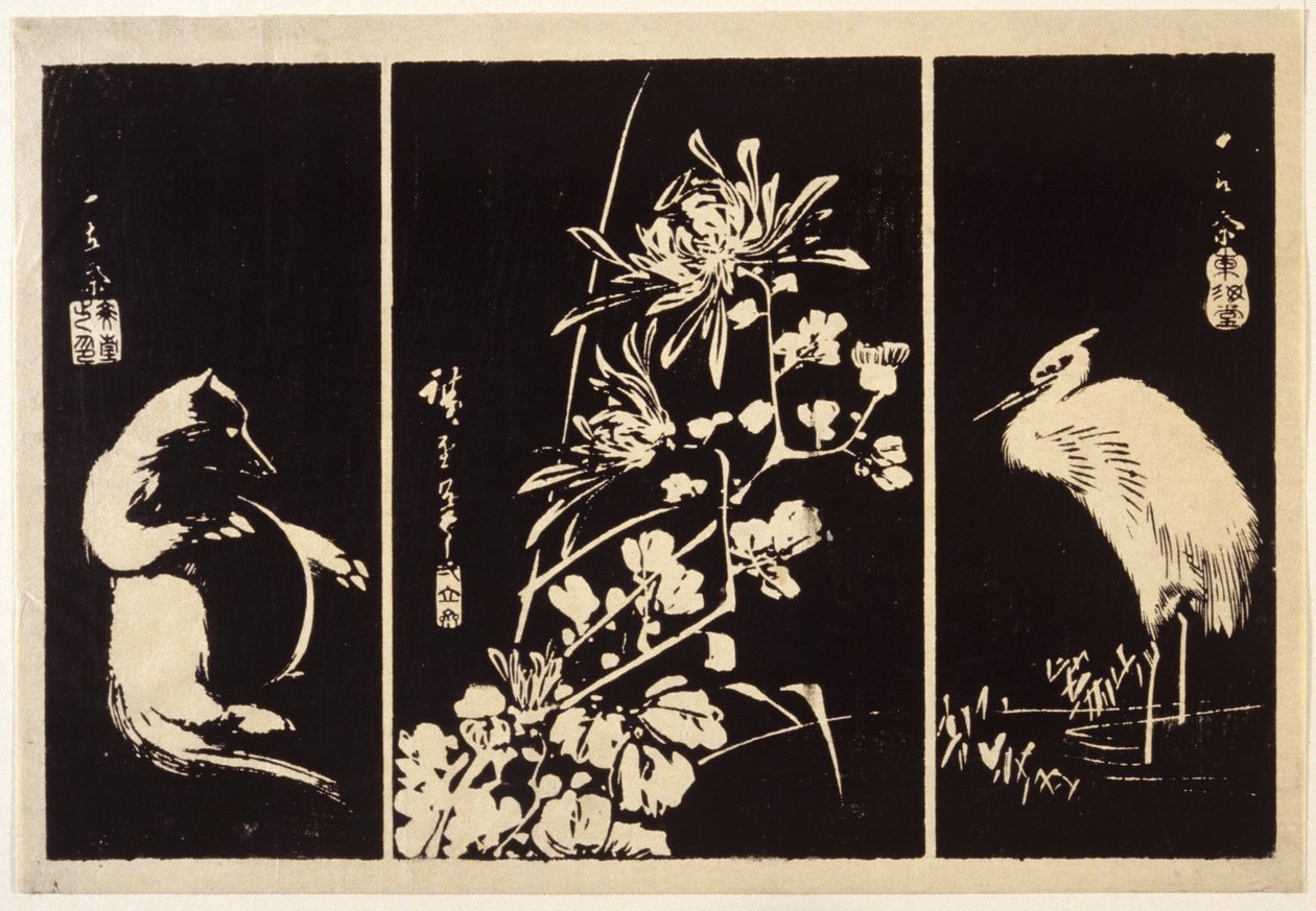 Dachs, Chrysanthemen und Kranich von Ando or Utagawa Hiroshige