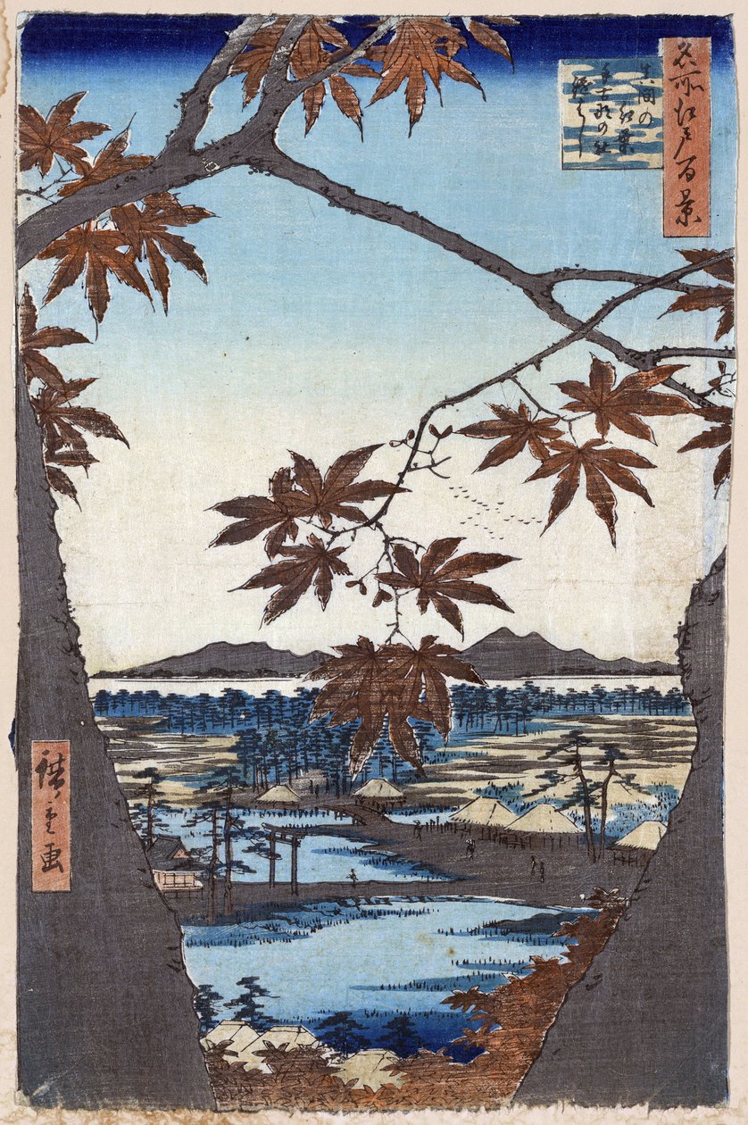 Ahornblätter und der Tekona-Schrein und die Brücke in Mama (Hundert berühmte Ansichten von Edo) von Ando or Utagawa Hiroshige